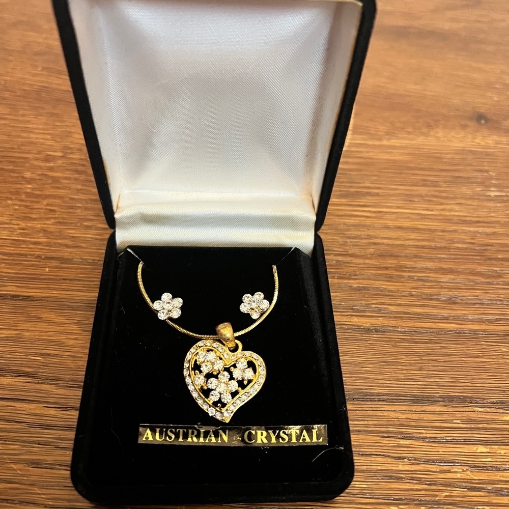 Austrian Crystal Heart Necklace & Earring Set | Gold Tone | NWT Gift Box